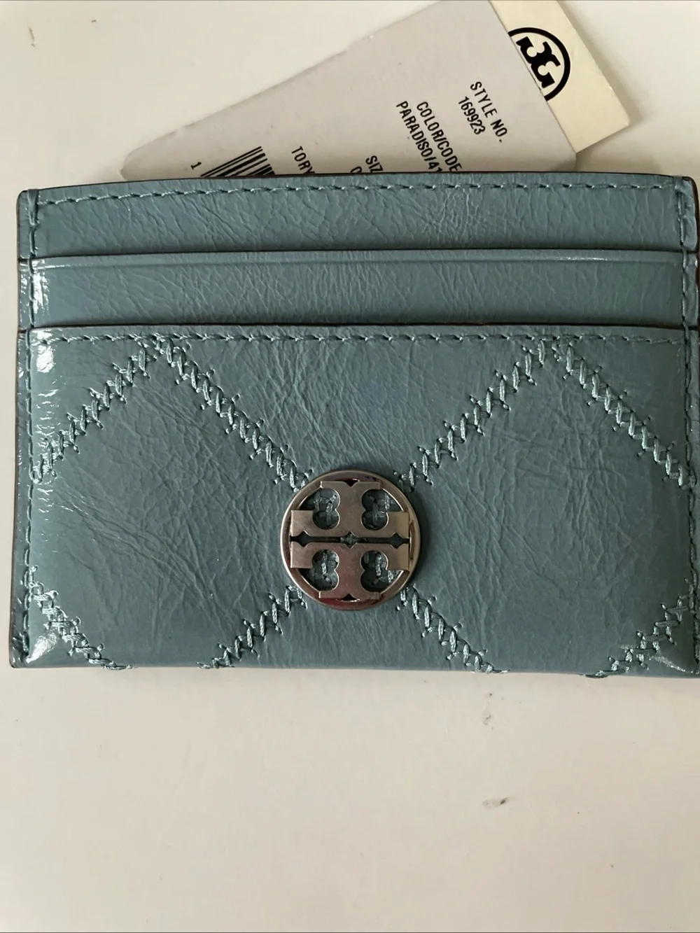 Tory Burch Blue Quilted Leather Card Holder with Logo